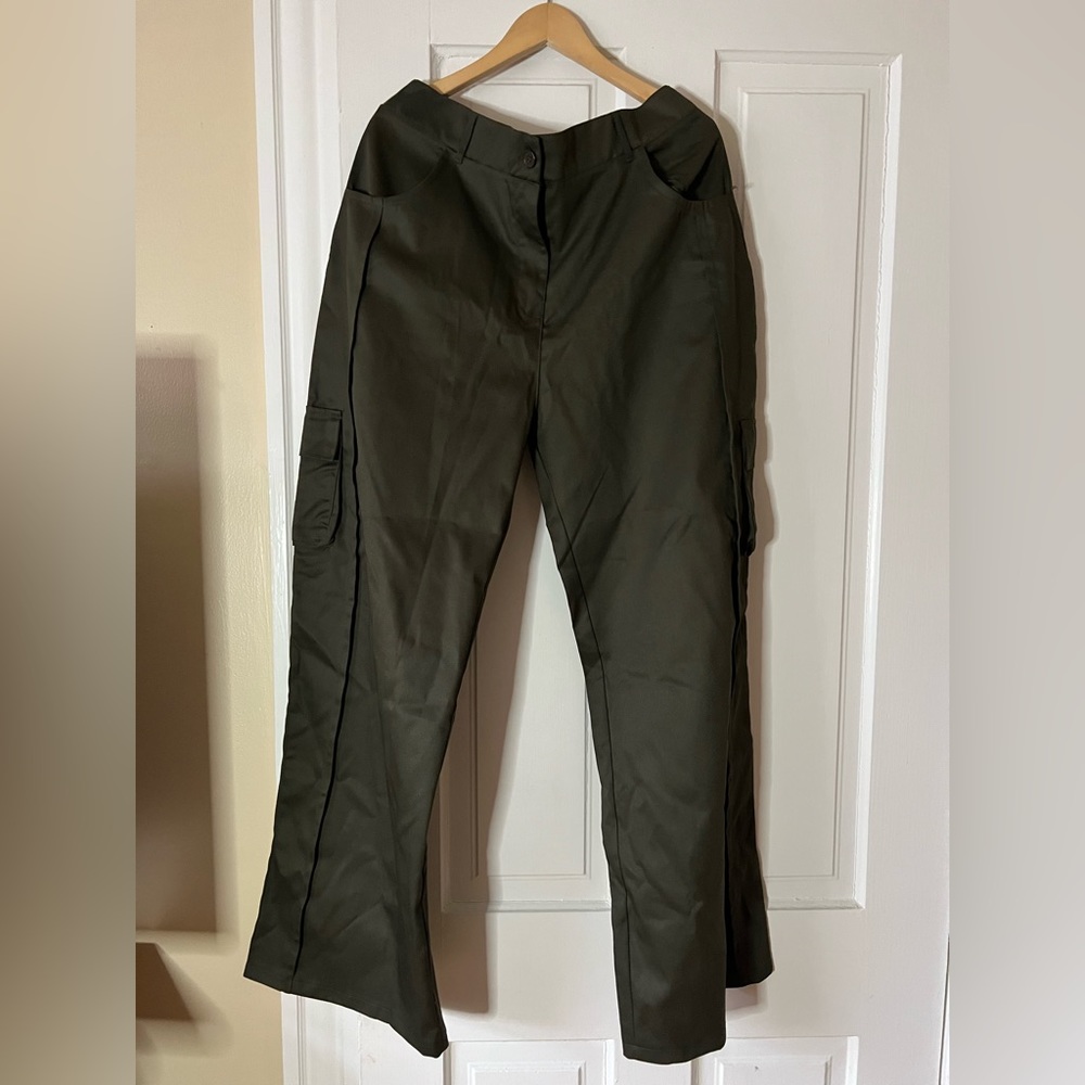 Khaki Twill High Waist Side Pocket Wide Leg Pants